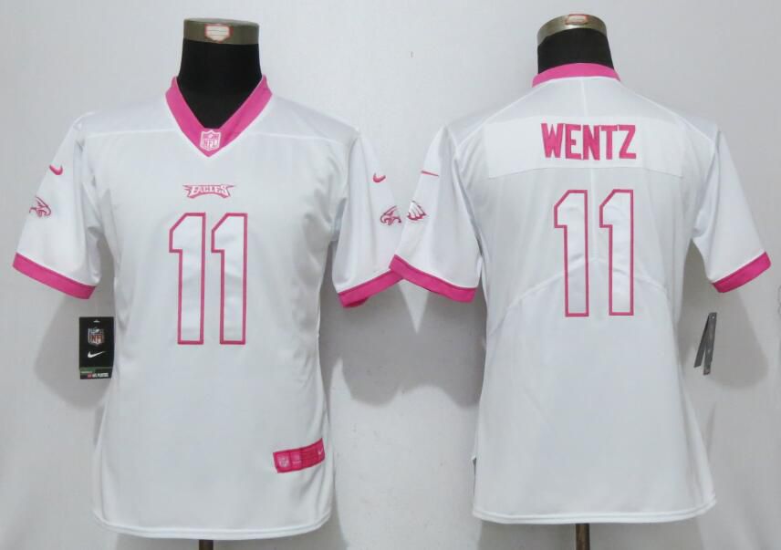 Women 2017 Philadelphia Eagles #11 Wentz Matthews White Pink Stitched New Nike Elite Rush Fashion NFL Jersey->women mlb jersey->Women Jersey
